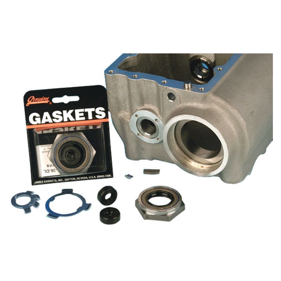 A set of Super Nut® Transmission Sprocket Seals and a gasket kit, perfect for Harley Trans repairs from James Gaskets.
