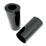 Close-up of a motorcycle's front fork and wheel, featuring a red fuel tank and gloss black Fork Slider Covers - Smooth - Stock Length - Replacement OEM Number 45964-86 by Drag Specialties.