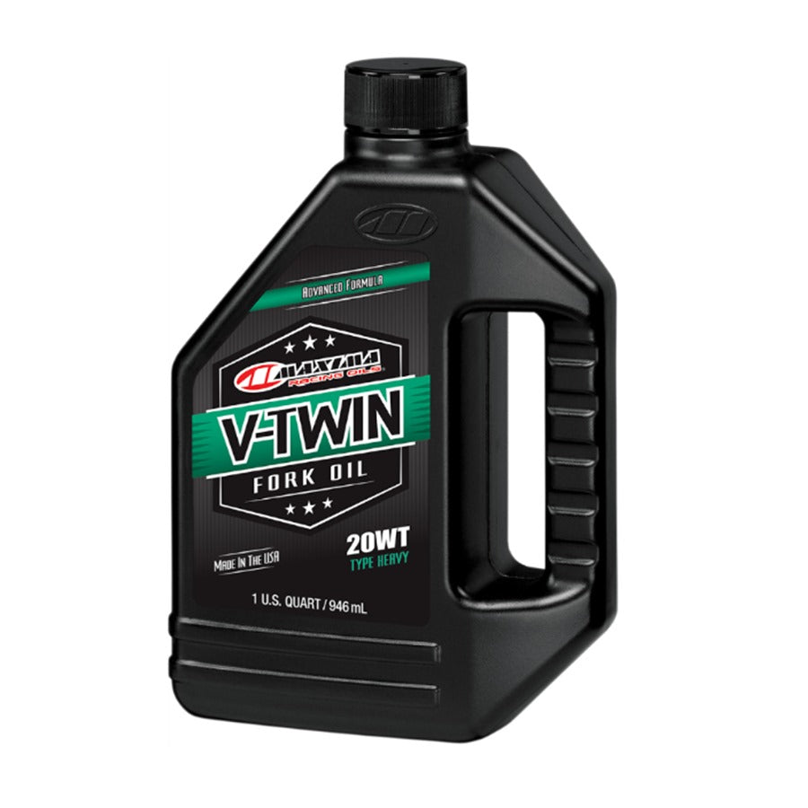 A bottle of Maxima Fork Suspension Oil 20Wt. 1 Quart on a white background.