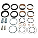 The Moto Iron® Complete Fork Rebuild Kit for Harley-Davidson 49mm forks includes bolts, washers, rings, bushings, and seals—perfectly arranged on a white background.