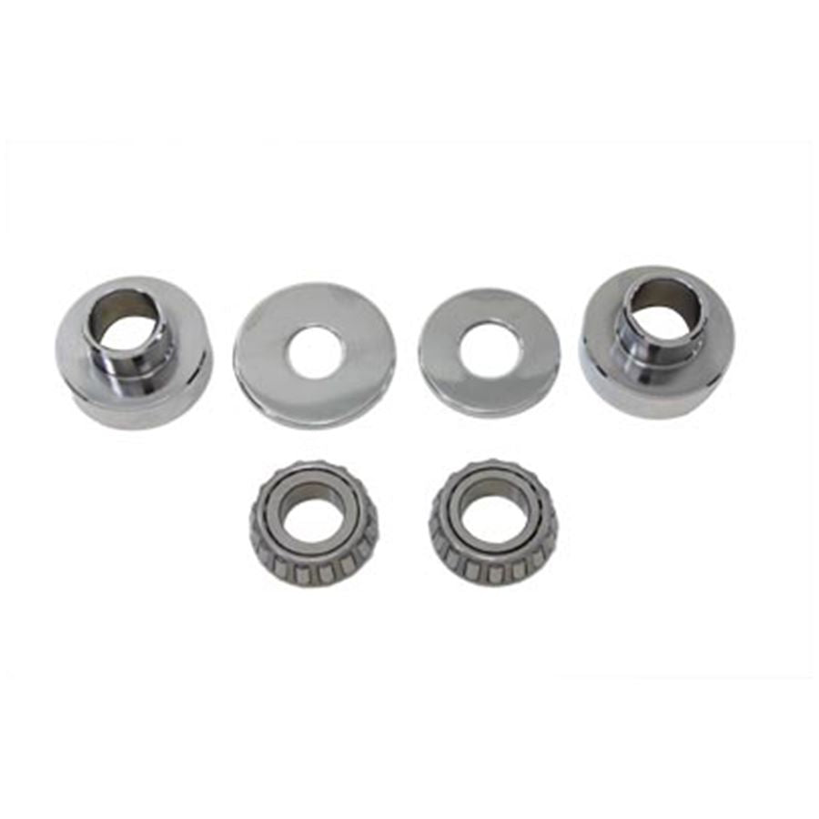 Set of five metal bearing components, including two ball bearings and three washers, displayed on a white background from the Wyatt Gatling Tapered Neck Bearing Conversion Kit for 1952-1977 Harley Davidson Sportster.