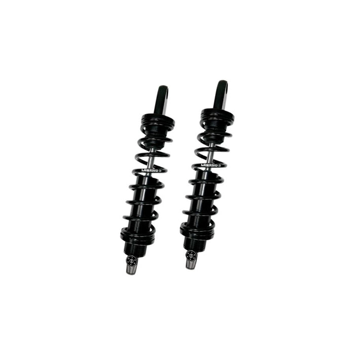 A pair of black Legend 13" Revo-A Coil Shocks 1999-2017 Harley Dyna - Black (Heavy Duty) by Legend Suspensions on a white background.