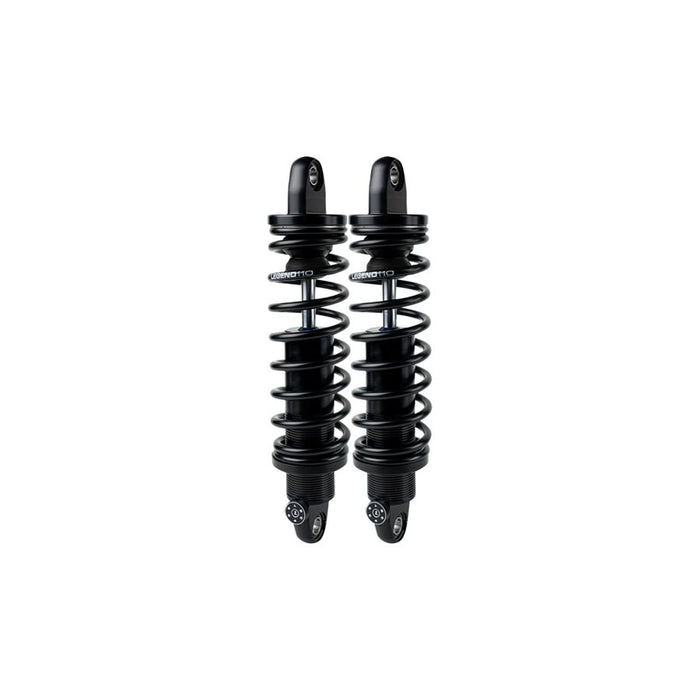 A pair of black Legend 13" Revo-A Coil Shocks 1999-2017 Harley Dyna - Black (Heavy Duty) by Legend Suspensions on a white background.