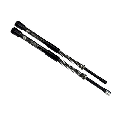 Two black and silver telescopic batons with springs and the Legend Suspensions "Legend AXEO" printed on them, isolated on a white background.