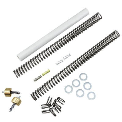 Assorted mechanical springs, including Race Tech Suspension Gold Valve & Fork Spring Kit (.80KG) Fits Sportster & Dyna 39mm, and fasteners displayed on a white background optimized for suspension performance.