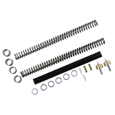Assorted mechanical springs, including a Race Tech Gold Valve & Fork Spring Kit (.90KG) Fits Sportster & Dyna 39mm and hardware components from Race Tech Suspension, laid out on a white background.