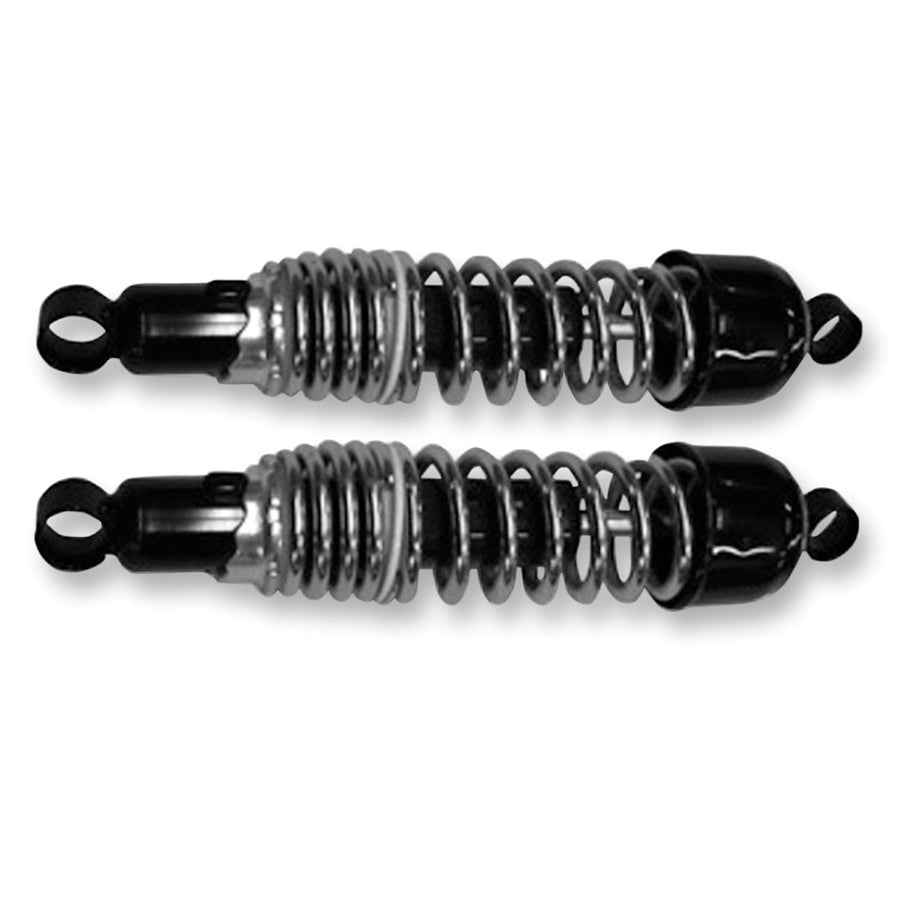 Two black and silver Emgo classic shocks isolated on a white background.