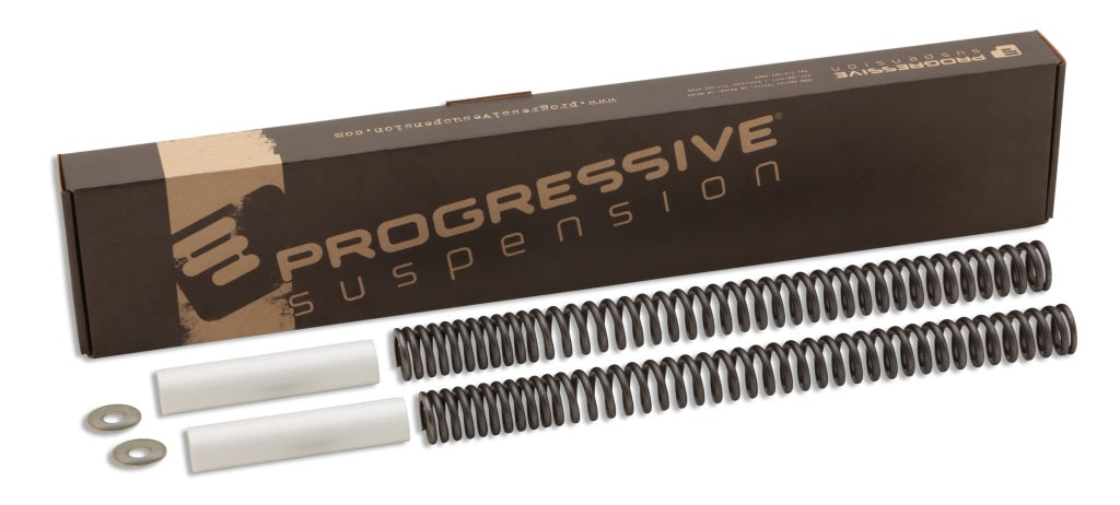 Two coiled metal springs, two cylindrical spacers, and two washers are shown in front of a Progressive Suspension box for the Progressive Heavy Duty Fork Spring Kit for Harley-Davidson 49mm Fork models.