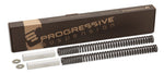 Two coiled metal springs, two cylindrical spacers, and two washers are shown in front of a Progressive Suspension box for the Progressive Heavy Duty Fork Spring Kit for Harley-Davidson 49mm Fork models.