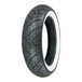 The Shinko SR 777 Tire, a 100/90-19 front tire by Shinko, showcases a classic tread and bold whitewall stripe, standing upright against a white background.