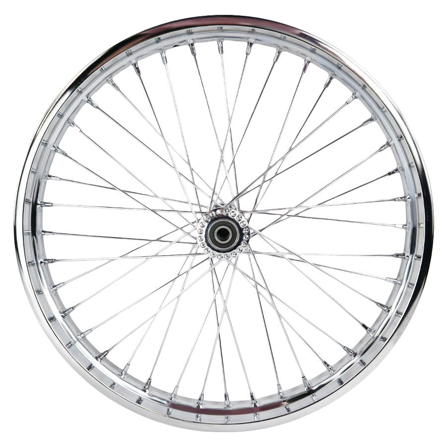 A Wyatt Gatling 21" Spool Hub Chopper Wheel with chrome spokes on a white background.