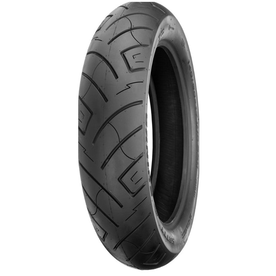 A Shinko SR777 180/55b/18 motorcycle rear tire on a white background.