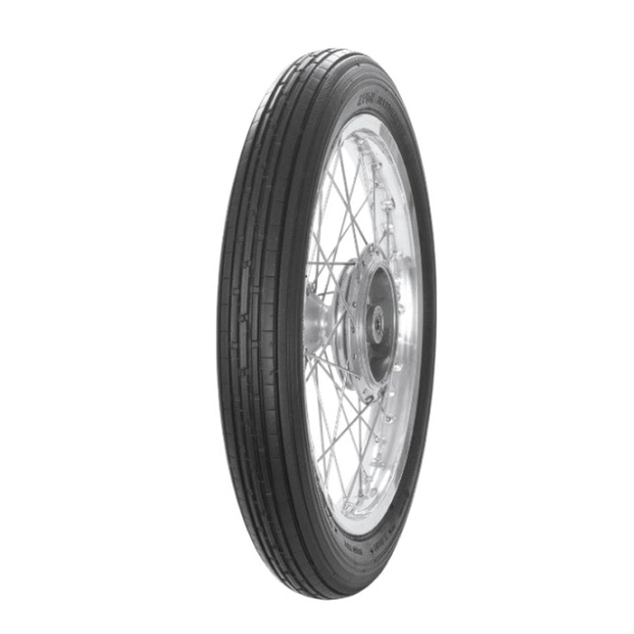 Motorcycle tire mounted on a spoked wheel, featuring the classic Avon Speed Master AM6 with modern compounds.