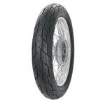 Avon Motorcycle tire with a tread pattern mounted on a spoked wheel, by Avon.