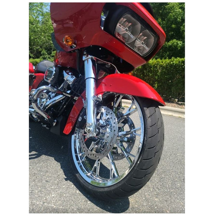 The Marlin Precision Cast 3D 21x3.5 Front Wheel, by Coastal Moto, boasts a shiny chrome finish and intricate spokes. Designed for &