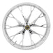 The Marlin Precision Cast 3D 21x3.5 Front Wheel, by Coastal Moto, boasts a shiny chrome finish and intricate spokes. Designed for &
