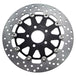 The TC Bros. 12.6" Oversized Front Floating Brake Rotors for 2000-Up Harley-Davidson wheels feature black centers, ventilated silver 420 stainless steel rings (one round, one wavy edge), and are ideal upgrades by TC Bros.