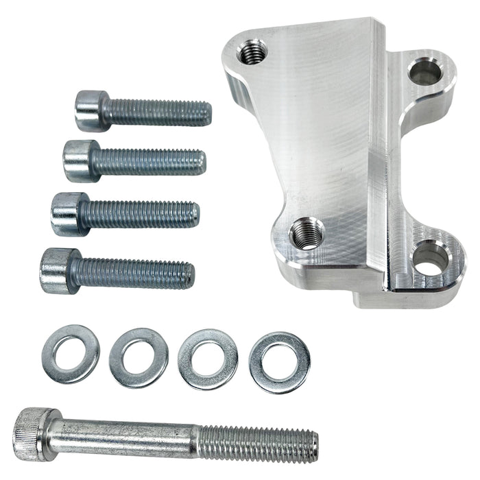 A TC Bros. 12.6in Front Brake Bracket 2008-Up Harley OEM RH Caliper with an engraved logo, four bolts, four washers, and an additional long bolt laid out on a white background. Perfect for a front brake bracket or RH caliper installation.