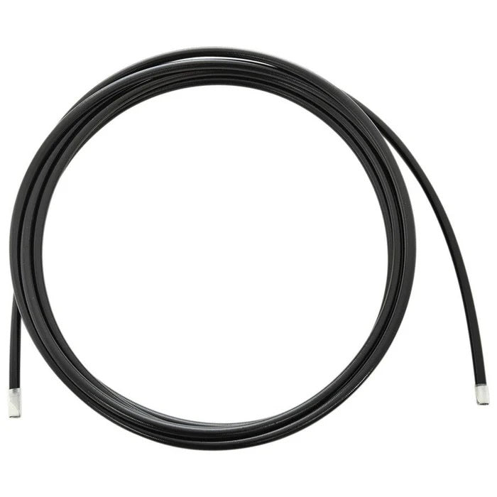 Two Moto IronĀ® Universal Cut-To-Length Brake Lines, one in stainless steel finish and one in black, both with exposed ends, shown on a white backgroundāideal for hydraulic brake systems.
