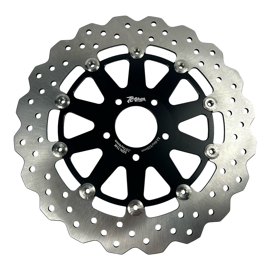 A TC Bros. Profile™ Front Floating Brake rotor for 2021-up Harley Pan America Wire Spoke Wheels on a white background is showcased amidst TC Bros. and Harley Pan America motorcycles.