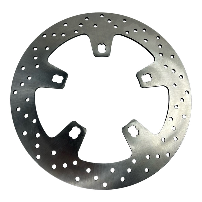 The TC Bros. 12.6in Oversized Front Floating Brake Rotor for 2014-2023 Harley Touring Models, featuring vent holes, is compatible with the TC Bros. Brake Caliper Adapter Kit.