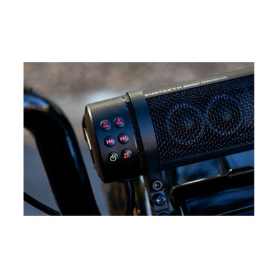 A weather-resistant motorcycle with the Road Thunder Sound Bar Plus by MTX, attached to it.
