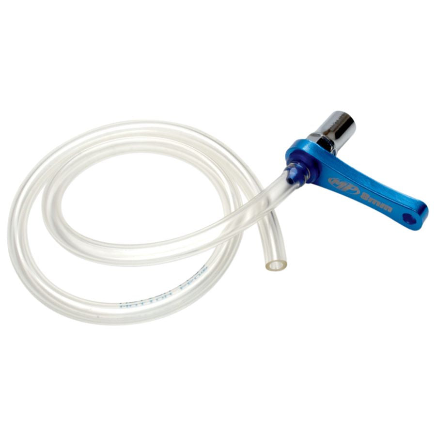A blue hose with a Motion Pro Mini Brake Bleeder - 10mm nipple handle is used for brake systems.