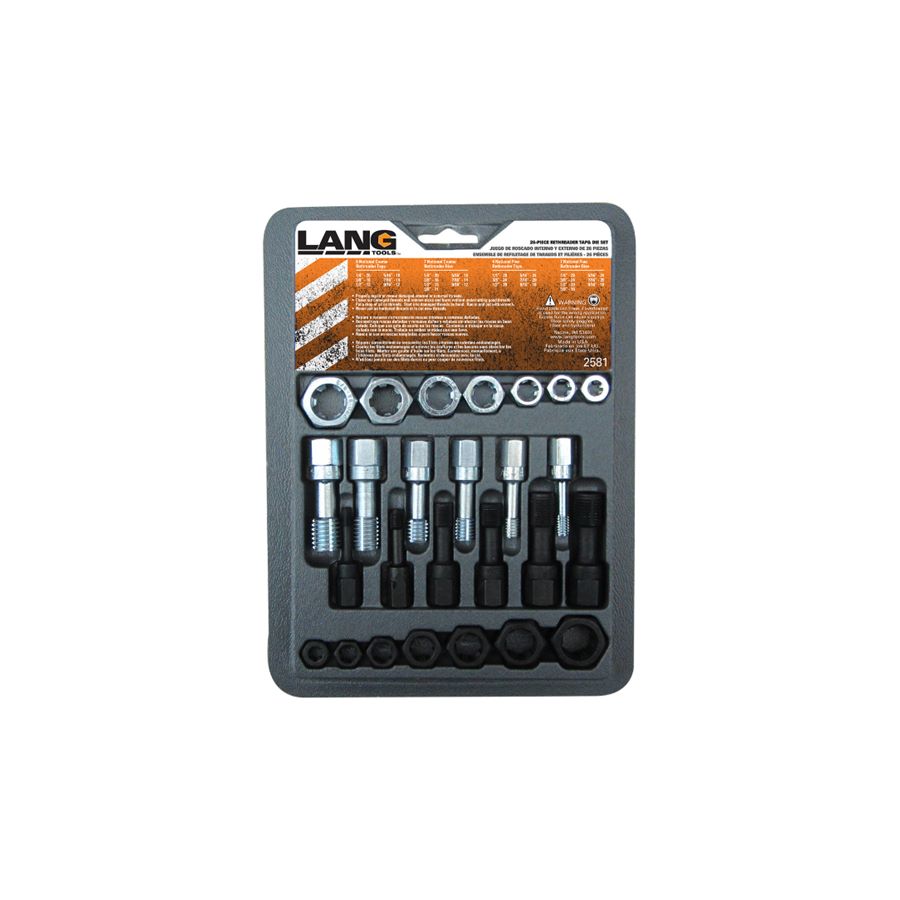 A set of sockets and wrenches in a package that includes the Lang Tools SAE Thread Chaser/Restorer Kit - 26 Piece to repair damaged or corroded threads.