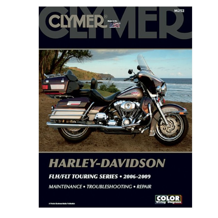 A Clymer Repair Manual - For Harley FLH/FLT '06-'09 with motorcycle maintenance, troubleshooting, and repair information, featuring a color photo of a motorcycle