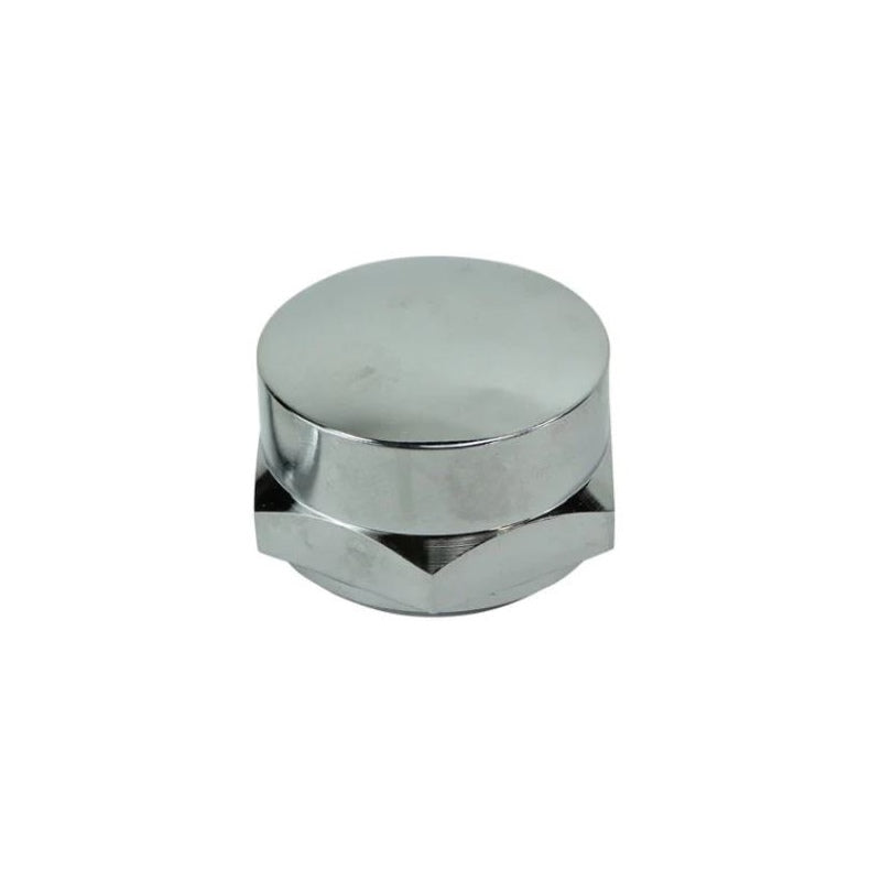 A Moto Iron® chrome round knob on a white background.