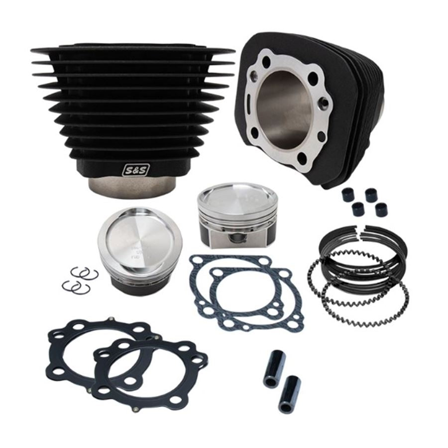 A S&S Cycle 883 to 1200cc Conversion Kit for 1986-2019 HD Sportster Models - Wrinkle Black Finish cylinder and piston kit for the ultimate conversion on a motorcycle.