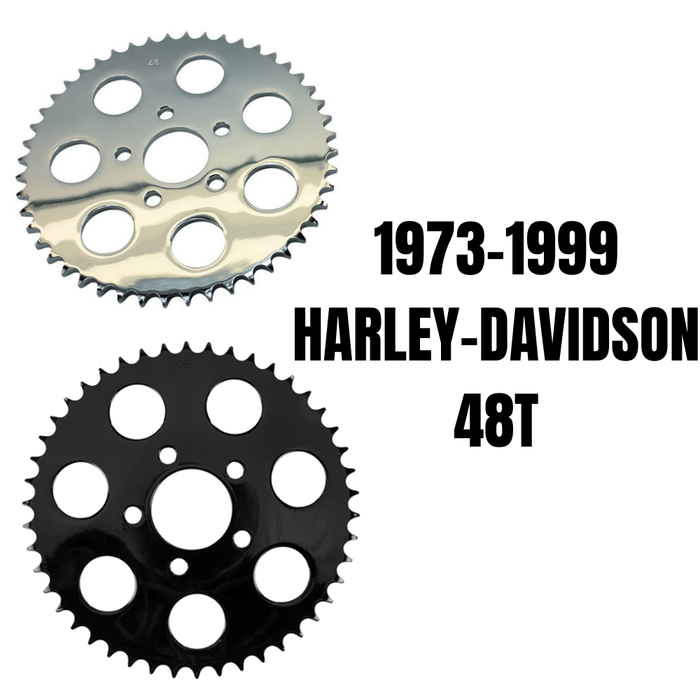 Two TC Bros. 48T rear sprockets—chrome or black—for chain-driven, converted Harley-Davidsons (1973–1999). Perfect 530 chain sprocket for upgrade or conversion.