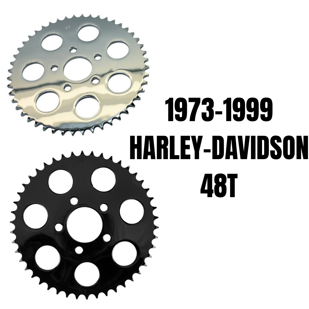 Two TC Bros. 48T rear sprockets—chrome or black—for chain-driven, converted Harley-Davidsons (1973–1999). Perfect 530 chain sprocket for upgrade or conversion.