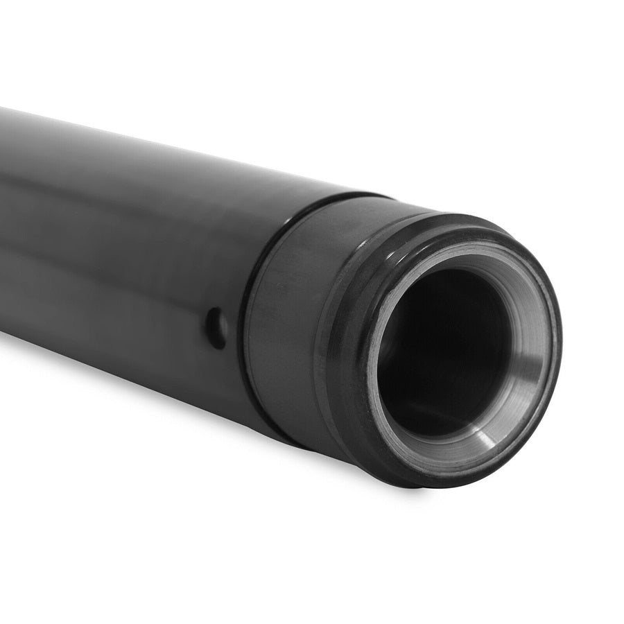 A Black DLC Coated Fork Tubes "+2" Length" 39mm for Sportster/ Dyna Narrow Glide by TC Bros., a black cylinder with a metal tube, on a white background.