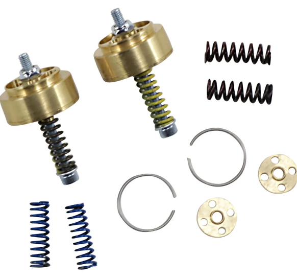 A set of Race Tech 41mm Gold Valve Cartridge Fork Emulators screws with the word Race Tech on them for Dyna.