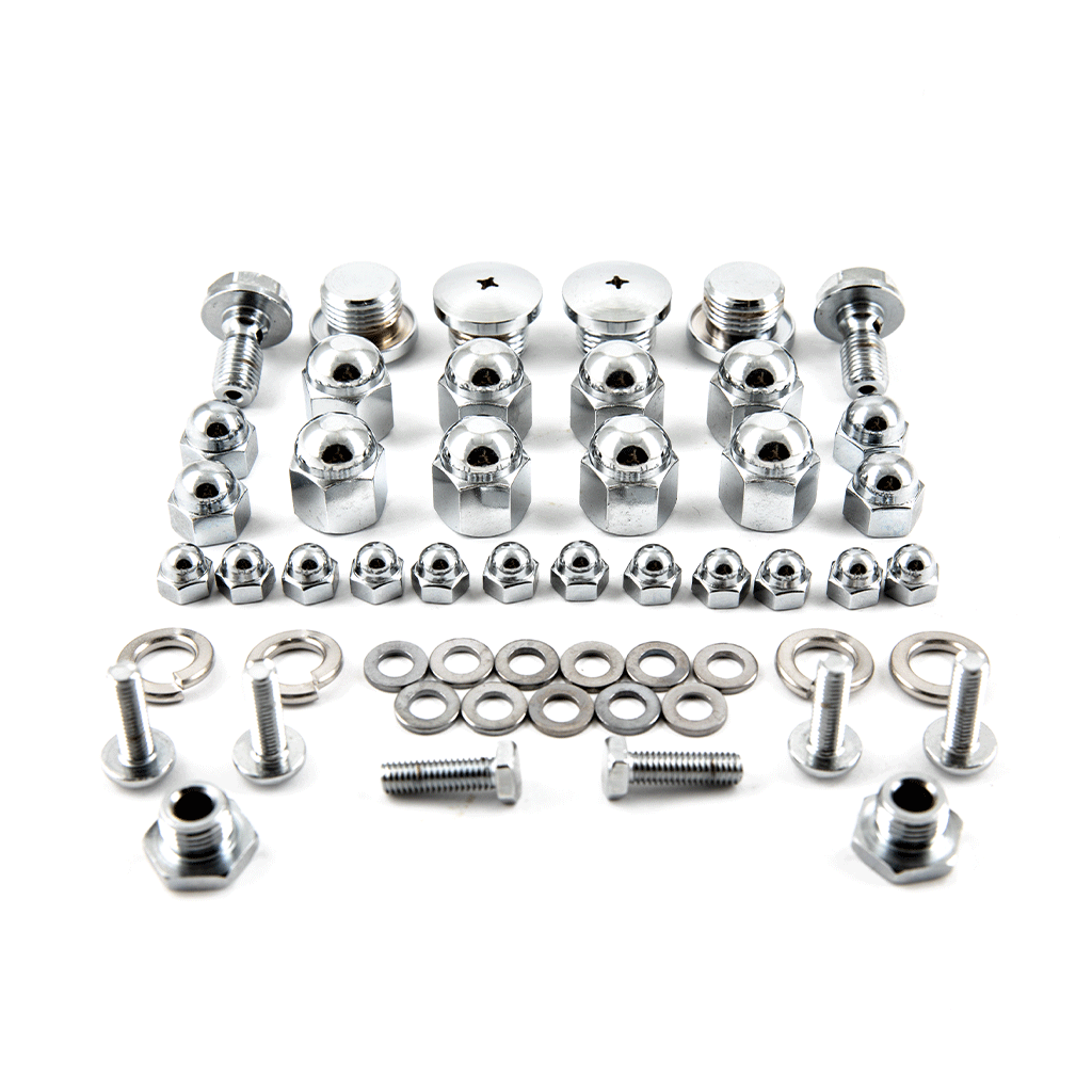 A set of Yamaha XS650 Top End Fastener Set - 1970-1971 nuts and bolts by XS-Performance, consisting of 54pc, on a white background.
