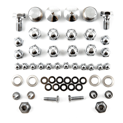 A set of Yamaha XS650 Top End Fastener Set - 1970-1971, including chrome nuts and bolts, that fits on a white background. Brand Name: XS-Performance.