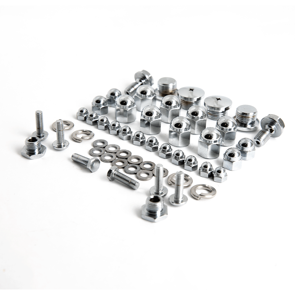 A set of Yamaha XS650 Top End Fastener Set - 1970-1971 nuts and bolts on a white background, manufactured by XS-Performance.