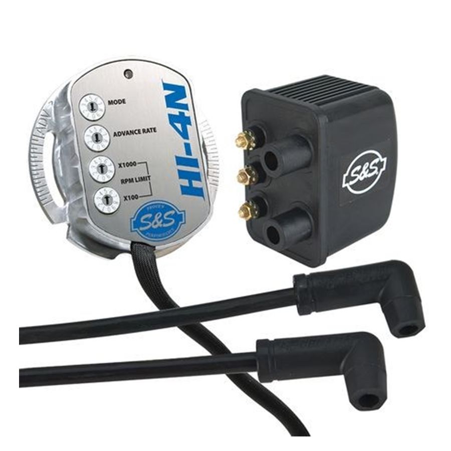 A black and white image of an S&S Cycle HI-4N Performance Ignition Kit for 1984-&