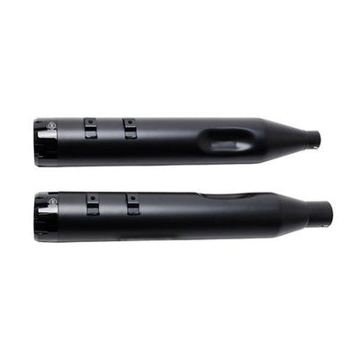 A pair of black pipes with the 50 State Legal - Mk45 TOURING MUFFLER for M8 TOURING MODELS - Black with Black Thruster End Cap by S&S Cycle on a white background.