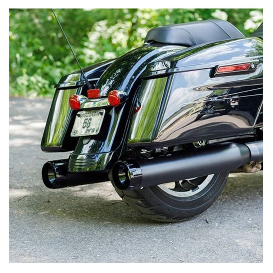 S&S Cycle Harley-Davidson street glide exhaust system with a Black Thruster End Cap is replaced with 50 State Legal - Mk45 TOURING MUFFLER for M8 TOURING MODELS - Black with Black Thruster End Cap.