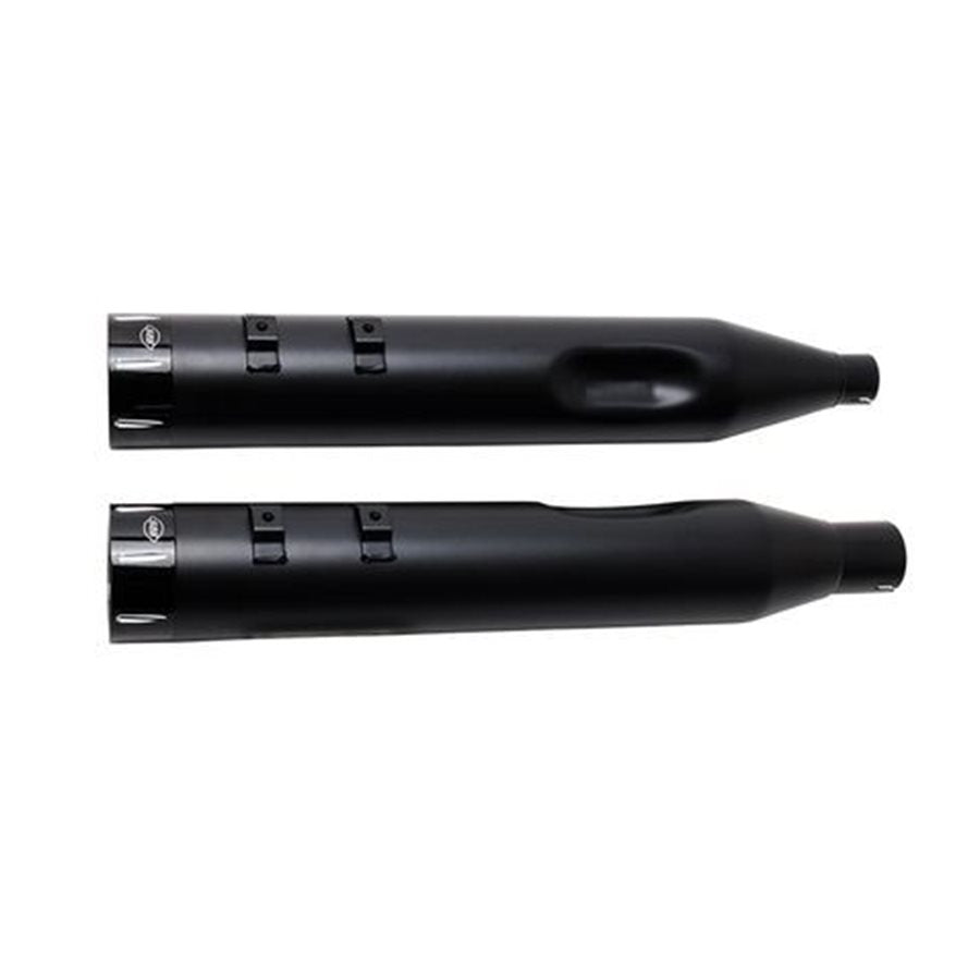 A pair of black pipes with S&S Cycle's Black Tracer End Cap on a white background.
