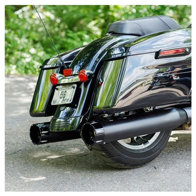S&S Cycle 50 State Legal Mk45 TOURING MUFFLER for M8 TOURING MODELS, featuring the Black with Black Tracer End Cap and designed for Harley-Davidson Street Glide exhaust system. This customizable system is finished in sleek black.