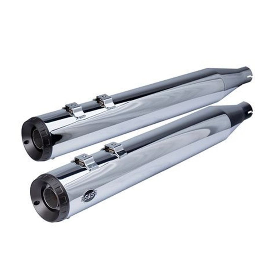 Sentence with replacement: Two GRAND NATIONAL® SLIP-ONS for 1995-2016 Touring Models and 2009-2022 Trike Models in Chrome by S&S Cycle stand out against a white background.