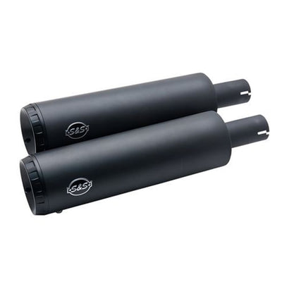 A pair of GRAND NATIONAL® SLIP-ONS for M8 FAT BOB® models - Black exhaust pipes on a white background, perfect for Harley-Davidson Softail Fat Bob models, made by S&S Cycle.