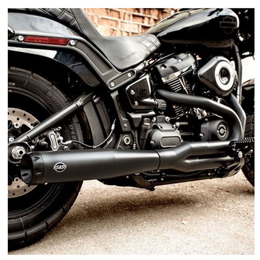 A black SUPERSTREET 2-1 EXHAUST for STANDARD CHASSIS M8 SOFTAIL® MODELS by S&S Cycle on a white background.