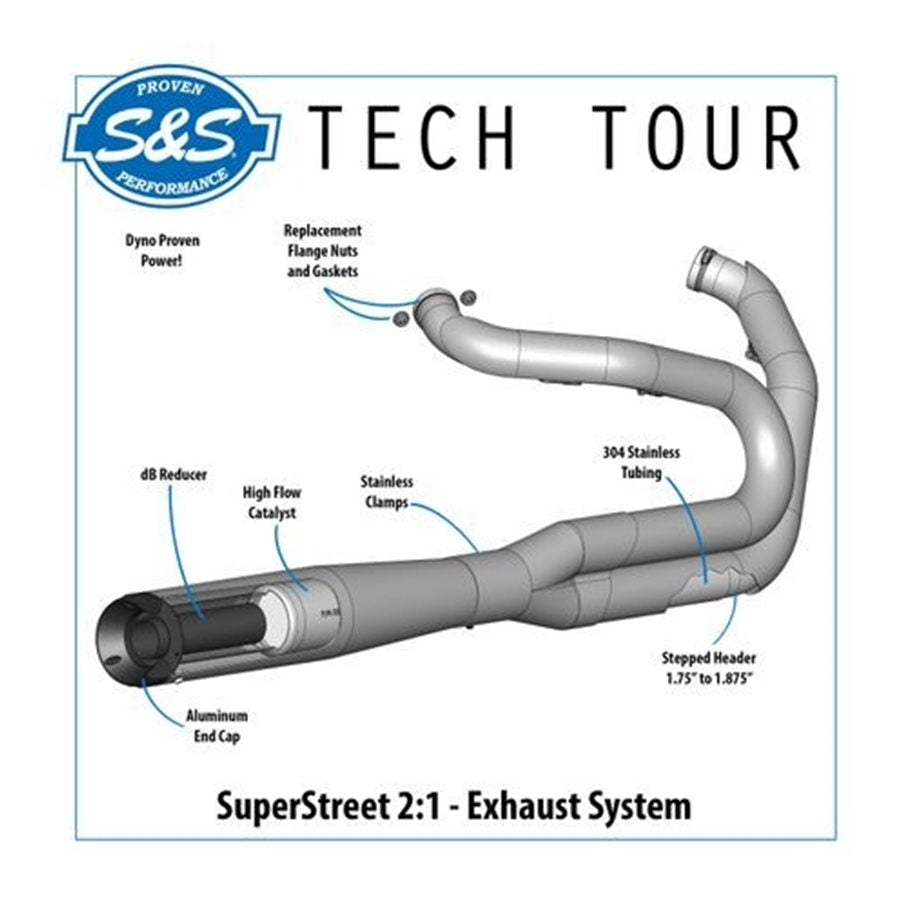 Stainless steel exhaust pipe designed for a motorcycle, compatible with S&S Superstreet and M8 Softail models. 

Revised Sentence: S&S Cycle's 50 State Legal SUPERSTREET 2-1 for STANDARD CHASSIS M8 SOFTAIL® MODELS Stainless Steel exhaust pipe is perfect for your motorcycle.