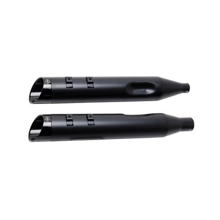 A pair of black S&S Cycle Mk45 mufflers with Black Cutlass End Cap for M8 Touring on a white background.