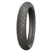 The Shinko SR 777 Tire, a 100/90-19 front tire by Shinko, showcases a classic tread and bold whitewall stripe, standing upright against a white background.
