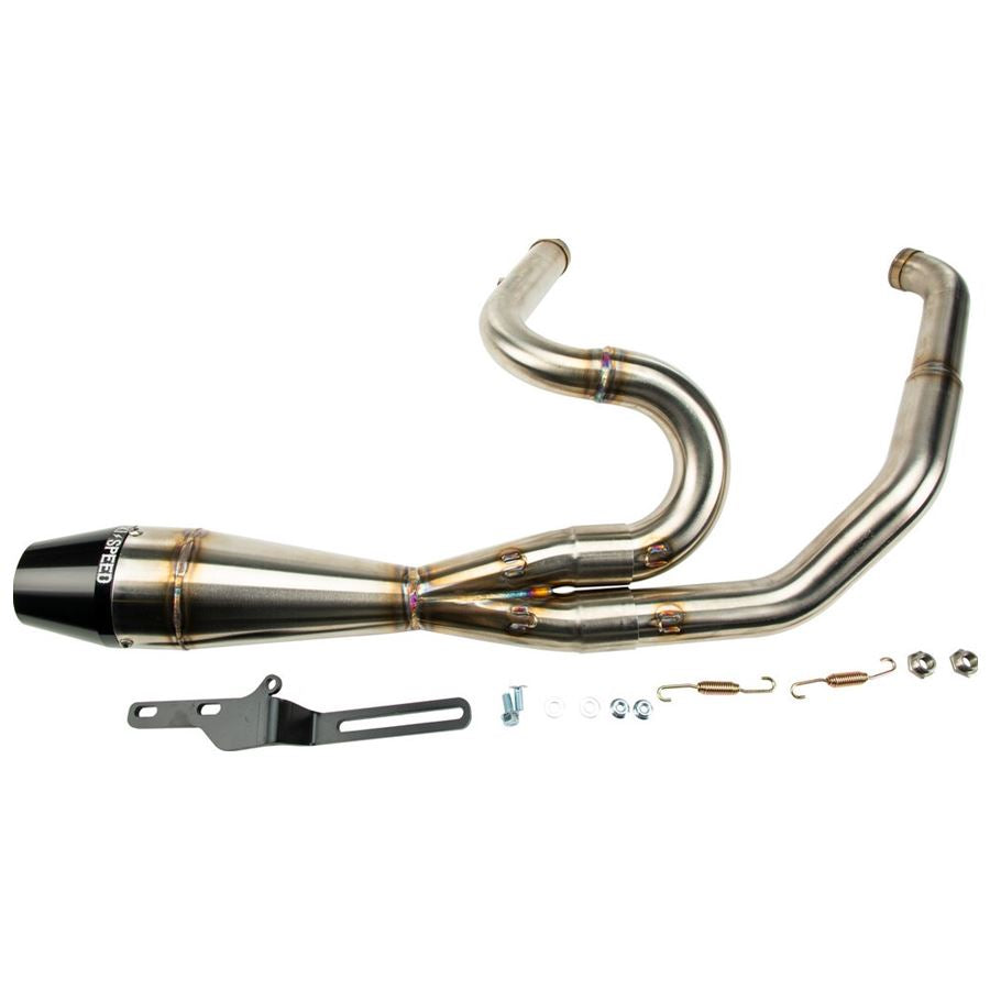 A Sawicki Speed stainless steel exhaust pipe for a motorcycle.